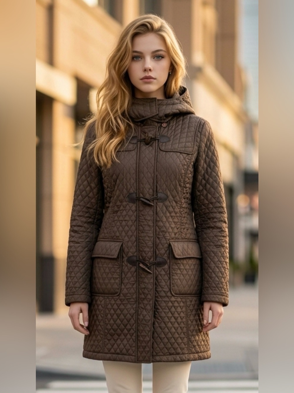Quilted Hooded Toggle Coat - Brown